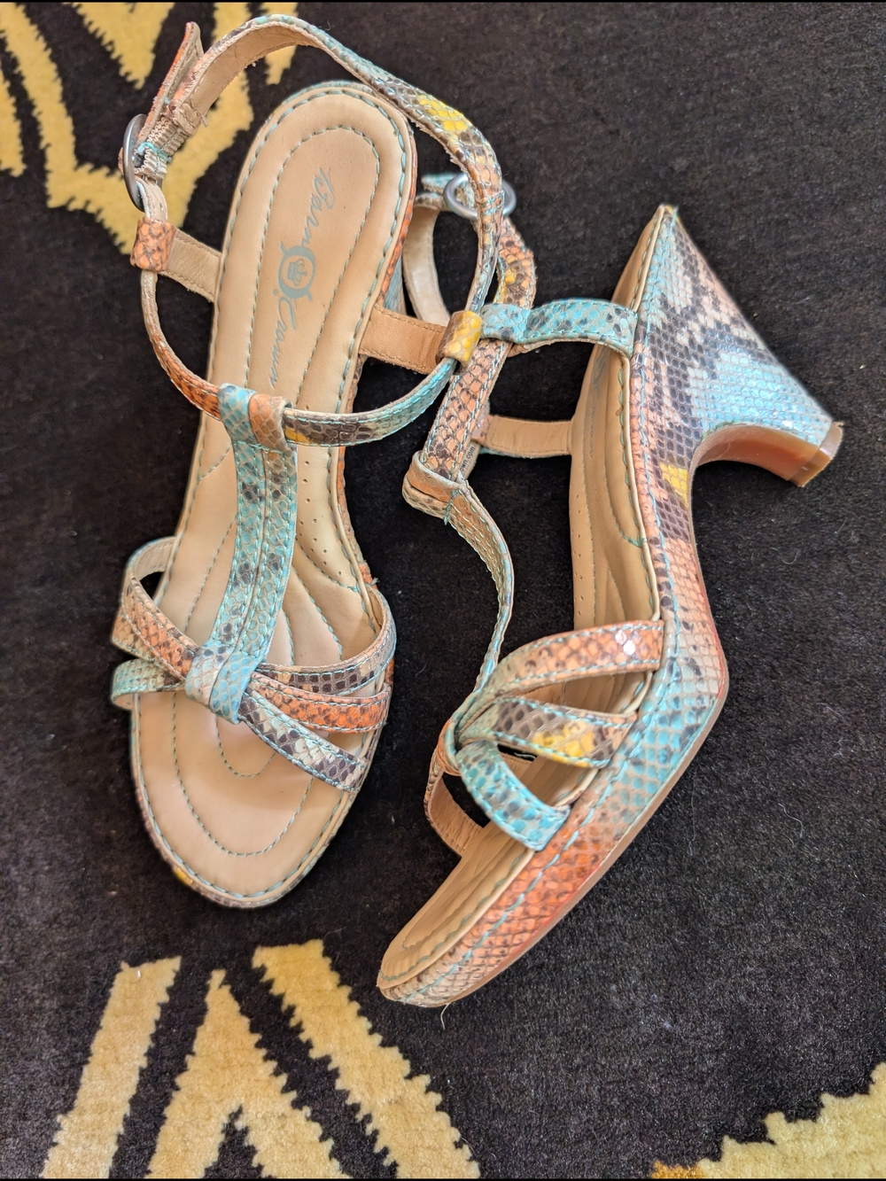 Born Turquoise Orange Snakeskin T-Strap Block Heel Sandals - Picture 6 of 6